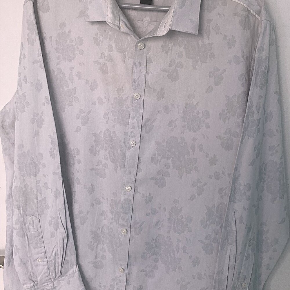INC pale blue tone on tone floral print shirt